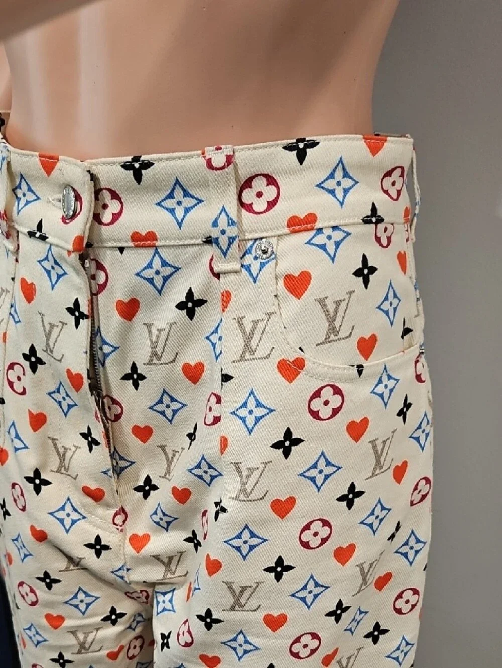 Louis Vuitton Cream High-Rise Jeans with Red & Blue Monogram Accents